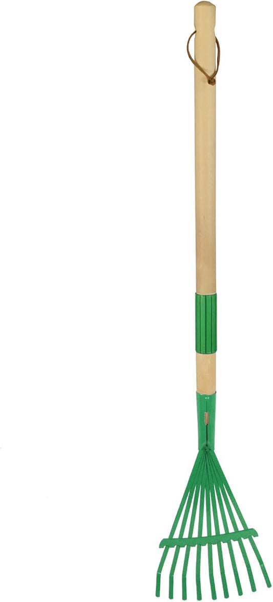 Kids Leaf Rake-Small Wooden Handle Leaf Rake with Metal Tines, 27inches /69cm Length, for Kids Enjoy Garden Cleaning Activities (Green)