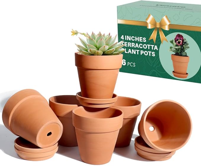 vensovo 4 Inch Terracotta Plant Pots with Saucer - 6 Pack Clay Flower Pots with Drainage, Great for Plants, Crafts, Wedding Favor