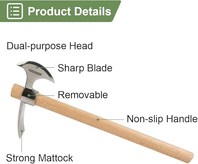 2 in1 Garden Pickaxe Weeding Mattock Gardening Tool 16inch Hatchet Chopping Axe Stainless Steel Blade Cutter for Outdoor Camping Wood Splitting Digging Planting Farming Landscaping Loosening Soil
