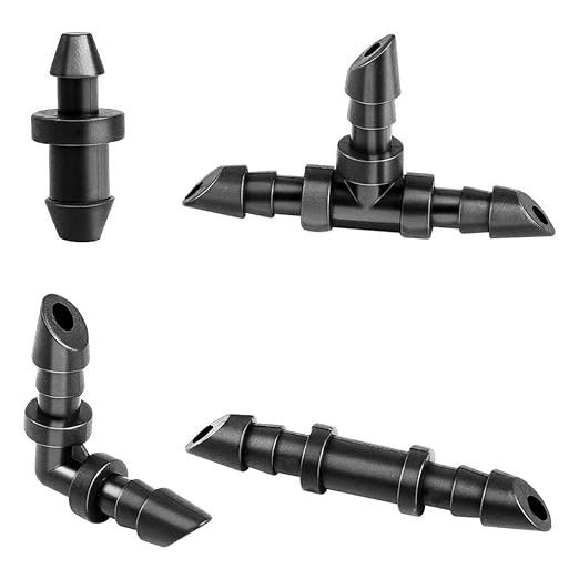 FGY 120PCS Drip Irrigation Fittings Kit for 1/4" Tubing - Couplings, Tees, Elbows, End Plugs - Barbed Connectors for Drip System