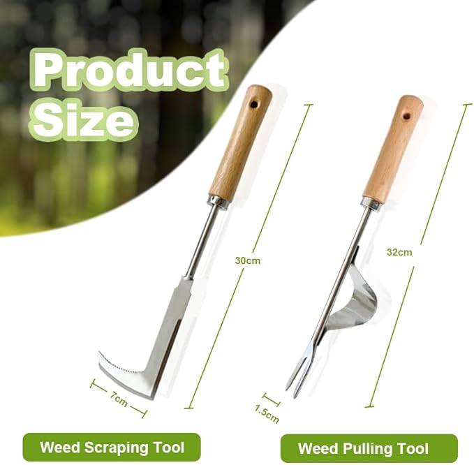 2 Pcs Stainless Steel Manual Weeder Tool Set - V-Shaped Fork & Crack Weeder for Deep Root Digging, Crevice Weeding Tool, Wood Handle Gardening Tool
