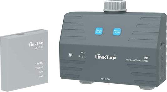 LinkTap D1 Wireless Water Timer (Requires Gateway), 2-Outlet Smart Irrigation Hose Faucet Timer, Two Built-in Flow Meters, Long Battery Life, Weather Aware, Better Range Than WiFi, IP66, Alexa