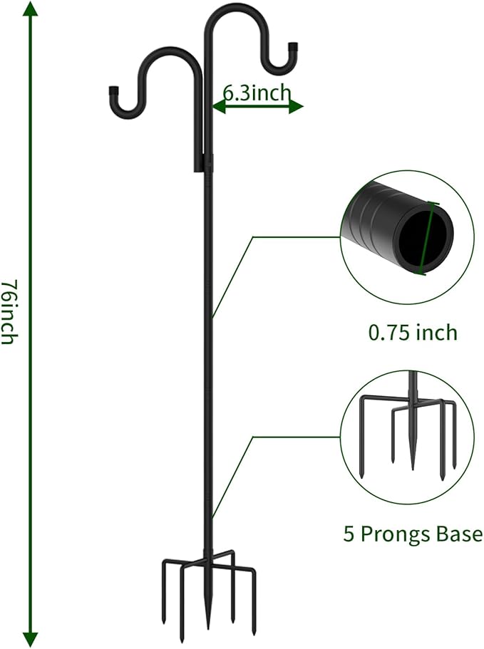 Double Shepherds Hooks for Outdoor, Bird Feeder Pole with 5 Prongs Base, Heavy Duty Garden Hook for Lantern, Wind Chime and Hummingbird Feeder, 76 Inch, 2 Pack
