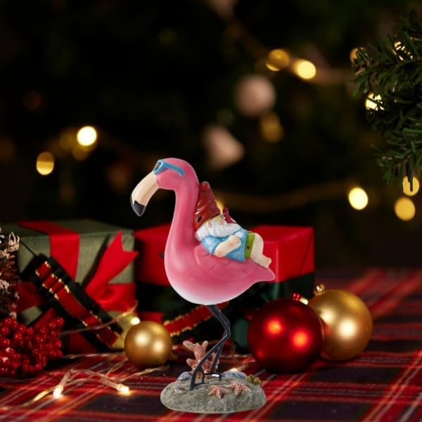 Gnome Garden Statue Funny Gnome Reclining on Flamingo Figurines, Resin Garden Gnomes Fall Decorations Outdoor for Patio Yard Lawn Porch, Ornament Gift