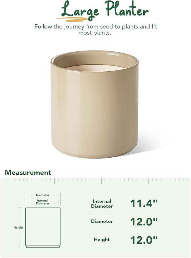LE TAUCI 12 Inch Pots for Plants, Ceramic Large Plant Pot for Indoor Plants, Mid-Century Modern Flower Planter Pots with Drainage Hole and Removable Plug, Round Planter Pot, Reactive Glaze Cloud Cream