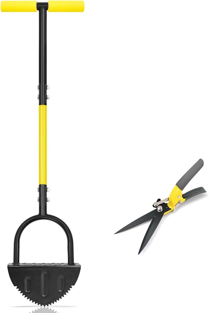 Manual Edger, Half Moon Edger, Saw-Tooth Garden Edger Hand with Steel Long Handle, Lawn Edger for Garden Sidewalk Flower Beds