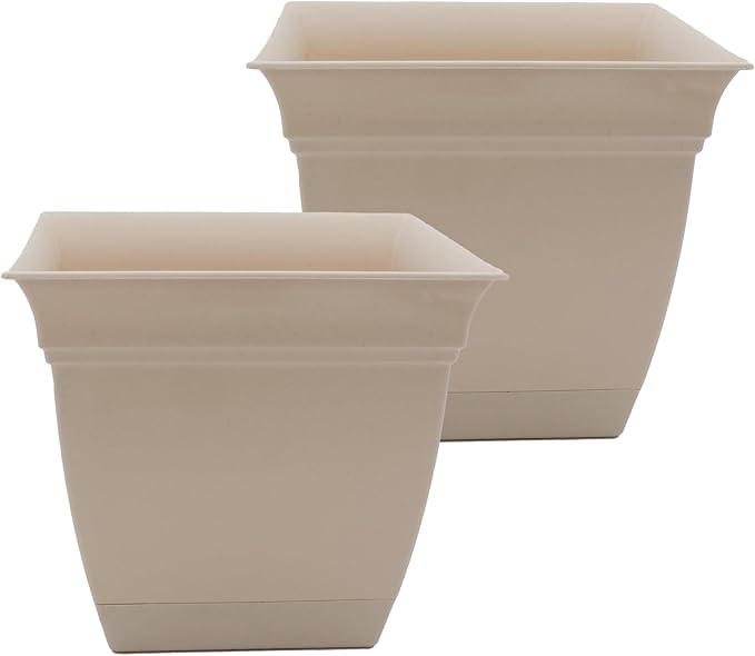 The HC Companies 12 Inch Eclipse Square Planter with Saucer – Indoor Outdoor Plant Pot for Flowers Vegetables Herbs, Cottage Stone (Pack of 2)
