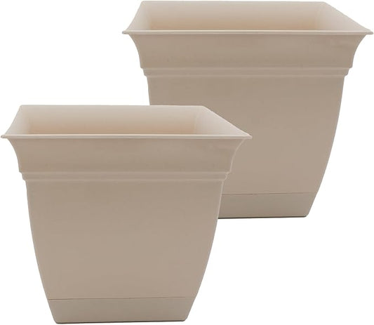 The HC Companies 12 Inch Eclipse Square Planter with Saucer – Indoor Outdoor Plant Pot for Flowers Vegetables Herbs, Cottage Stone (Pack of 2)