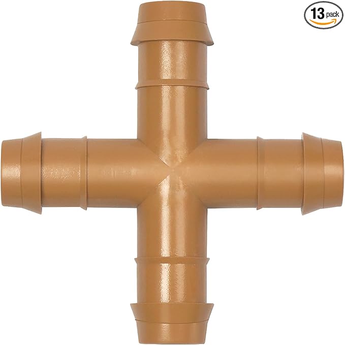 13 Pieces Drip Irrigation Fittings Barbed Cross Tee for 1/2" Irrigation Tubing Barbed 4 Way Connectors Drip Line 4 Way Couplings for Drip Sprinkler Garden Lawn Systems
