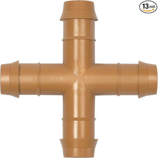 13 Pieces Drip Irrigation Fittings Barbed Cross Tee for 1/2" Irrigation Tubing Barbed 4 Way Connectors Drip Line 4 Way Couplings for Drip Sprinkler Garden Lawn Systems