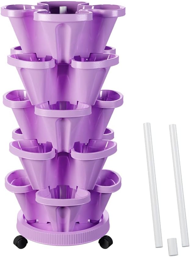 Strawberry Vertical Planter GardenTower, 5 Tiered Stackable Planter with Support Pole, Stacking Herb Vegetable Planters Indoor and Outdoor - Purple