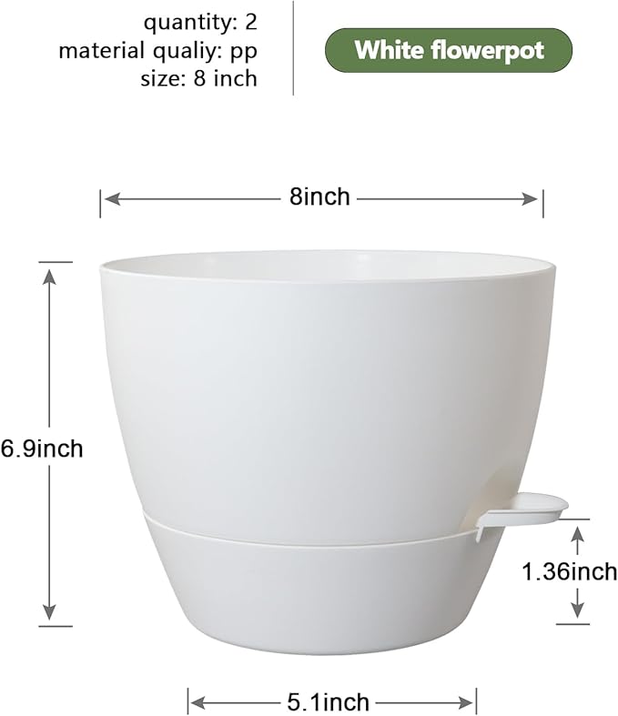8 inch Self Watering Pots, Planter, Plant Pots with Mesh Drainage Holes for Indoor Outdoor House Plants and Garden, 2 Pack Plastic Flower Pots with Deep Reservoir for Patio Porch, White