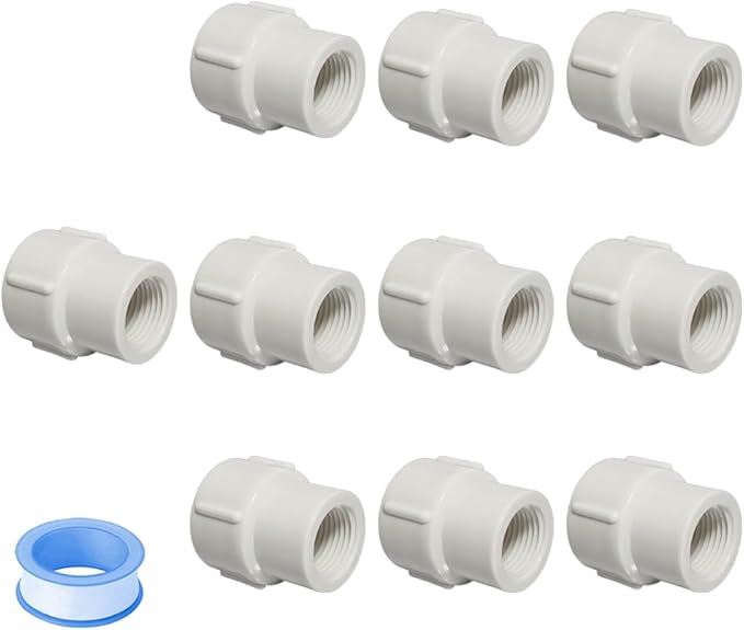 10PCS 1/2 to 3/4 Inch Female to Female Threaded PVC Reducing Pipe Fittings 1/2" to 3/4" Double Female Thread Coupling Pipe Adapter Connectors for Pipe Connecting HE046-1/2x3/4