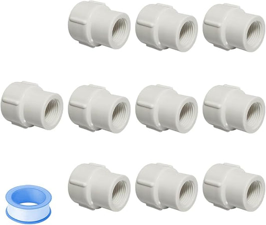 10PCS 1/2 to 3/4 Inch Female to Female Threaded PVC Reducing Pipe Fittings 1/2" to 3/4" Double Female Thread Coupling Pipe Adapter Connectors for Pipe Connecting HE046-1/2x3/4