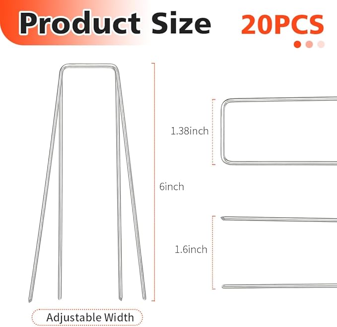Landscape Staples, Galvanized Garden Stakes, U-Shaped Garden Staples, 20 Pcs 6 Inch 11 Gauge Plant Cover Stakes, Anti-Rust Ground Sod Pins Yard Stakes for Weed Barrier Fabric Irrigation Tubing