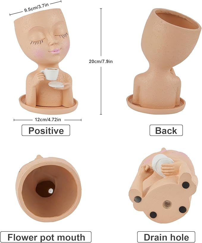 Face Planter Pots, Resin Face Planter for Indoor/Outdoor Plants,Head Planter with Drainage Hole/Removable Saucer,Girl Holding Coffe (Coffee, Light)