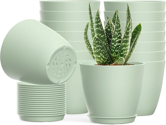 16 Pack 4 Inch Plant Pots with Drainage Holes and Saucers, Pots for Plant Indoor, Plastic Planters for Succulents and Small Plants, Green