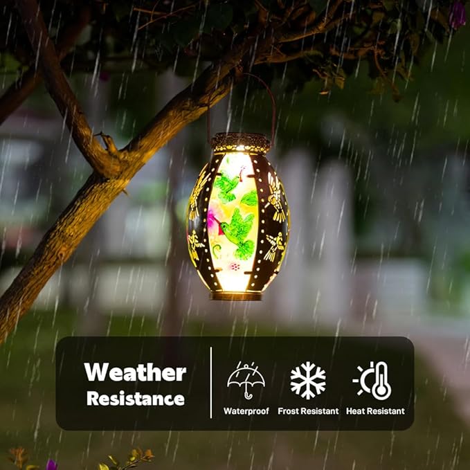 Starsoul Hummingbird Solar Lantern Stained Glass & Metal Outdoor Lantern Waterproof Hummingbird Hanging Metal Decorative Lights for Patio Table Garden Pathway Yard