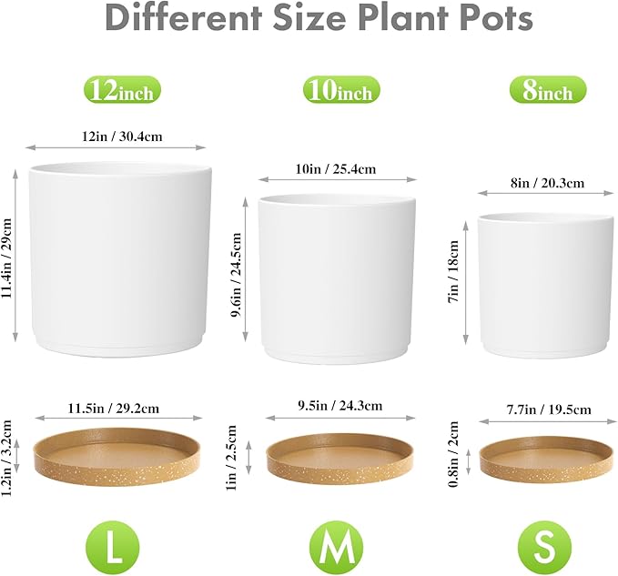 12/10/8 inch Large Flower Pots, 3 Pack Cylinder Deep Plant Pots for Outdoor Indoor Plants, Tall Plastic Planters with Drainage Holes and Saucers for Garden House Plants, White with Brown