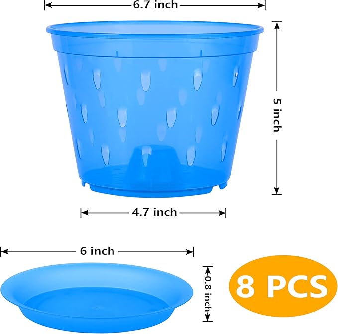 Orchid Pot, 6.7 Inch 8 Pack Orchid Pots with Holes and Saucers,Plastic Orchid Planter - Blue Sapphire