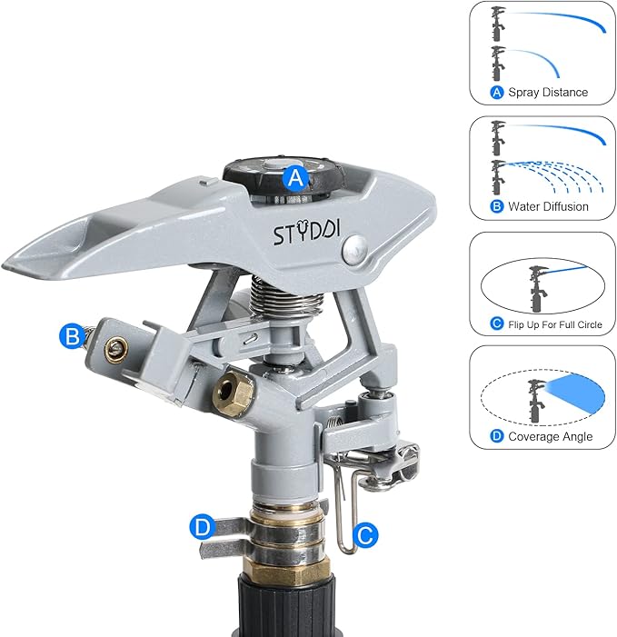 STYDDI T-Post Fence Sprinkler, Metal Impact Sprinkler Head on Fence T-Post Base with Flow Through, Irrigation Zinc-Alloy Adjustable T-Post Impulse Sprinkler