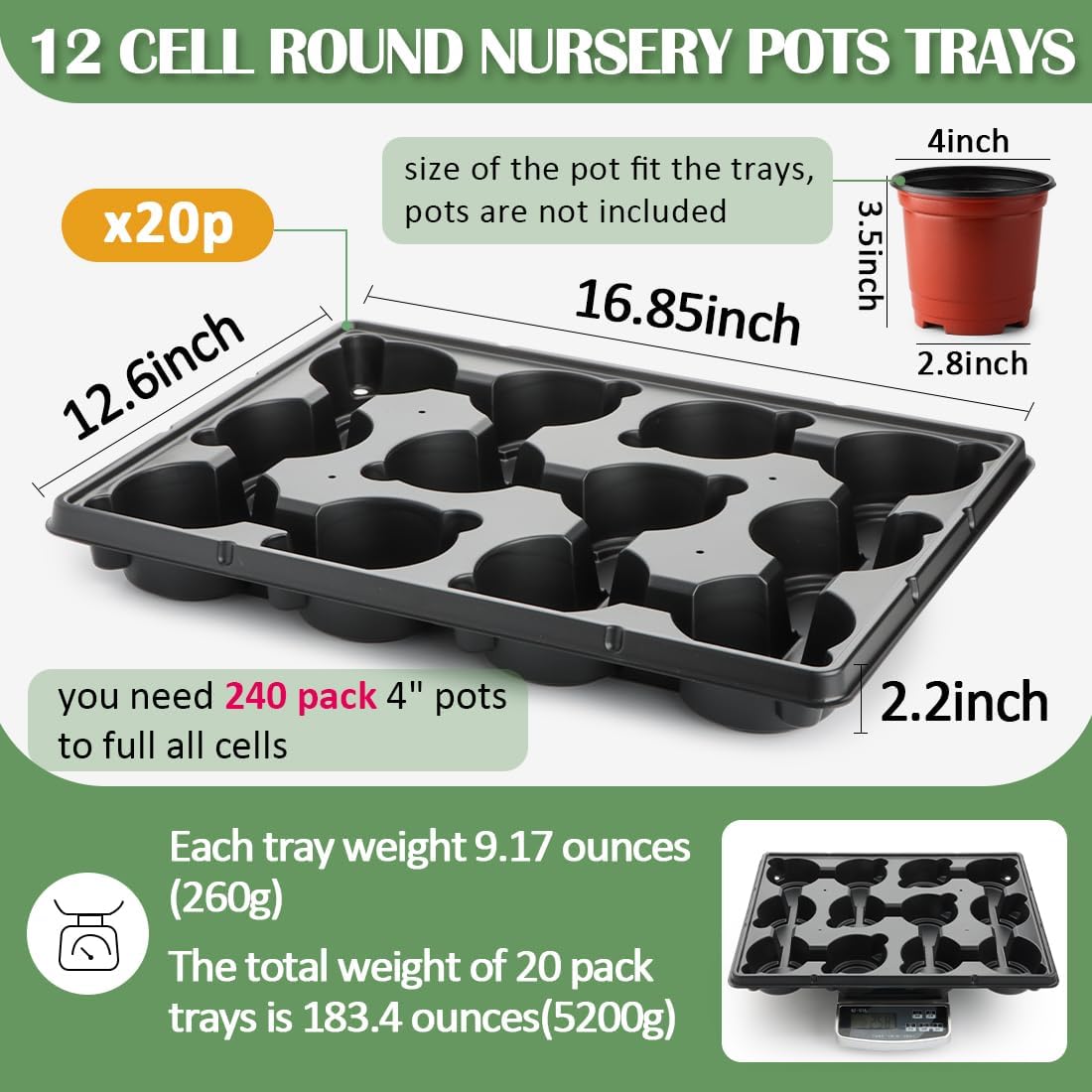 12 Cell Round Nursery Pot Trays Thickened Durable Seedling Pots Shuttle Carrying Trays for Holding 4 Inch Nursery Pots (16.85" × 12.6", 20-Pack)