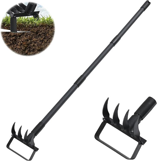62.6Inch Action Stirrup Hoe Garden Tool Weed Puller with Adjustable Long Handle, Heavy Duty Hula Hoe and 4 Tines Rake 2 in 1 Gardening Tools Garden Cultivator for Weeding Soil Loosening, Black