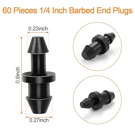 60 Pieces 1/4" Drip Irrigation End Plug Fittings：1/4'' Drip Single Barbed End Cap Connectors for 1/4 Inch Irrigation Tubing 1/2" Tubing Goof Hole Plugs for Garden Drip Line Systems