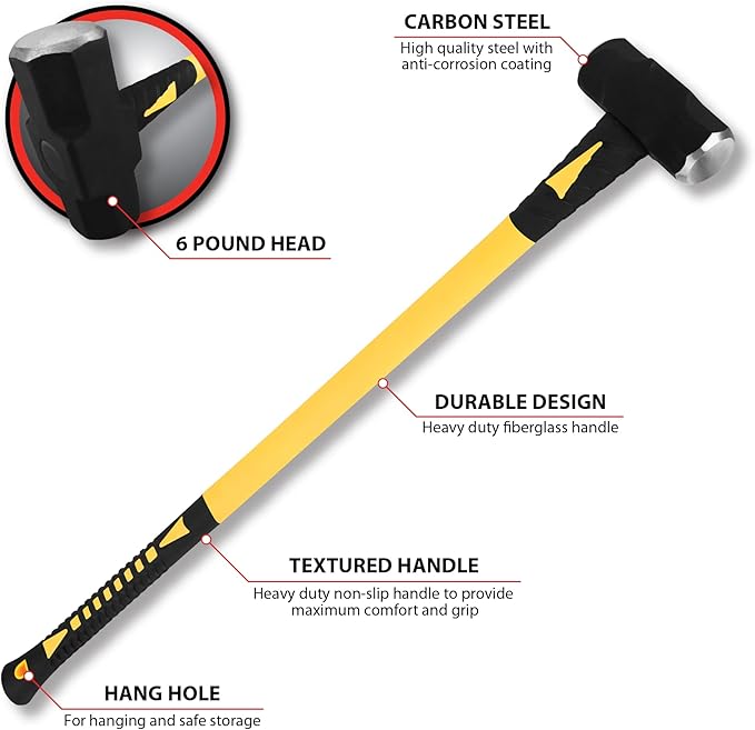 Performance Tool M7102 6-Pound Sledge Hammer With Fiberglass Handle