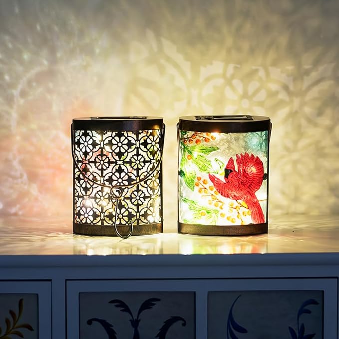 2 Pack Cardinal Solar Lanterns Outdoor Waterproof, Hanging Tabletop Solar Lantern with LED Light for Garden Yard Lawn