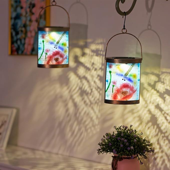 Starsoul 2 Pack Hanging Solar Lantern Outdoor Waterproof Glass Dragonfly and Lotus Decorative Solar Lights for Outside Garden Yard Table Patio Decor