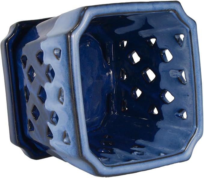 W&W Orchid Pot with Holes and Saucer for Repotting and Better Grow, White and Blue, 7 Inches