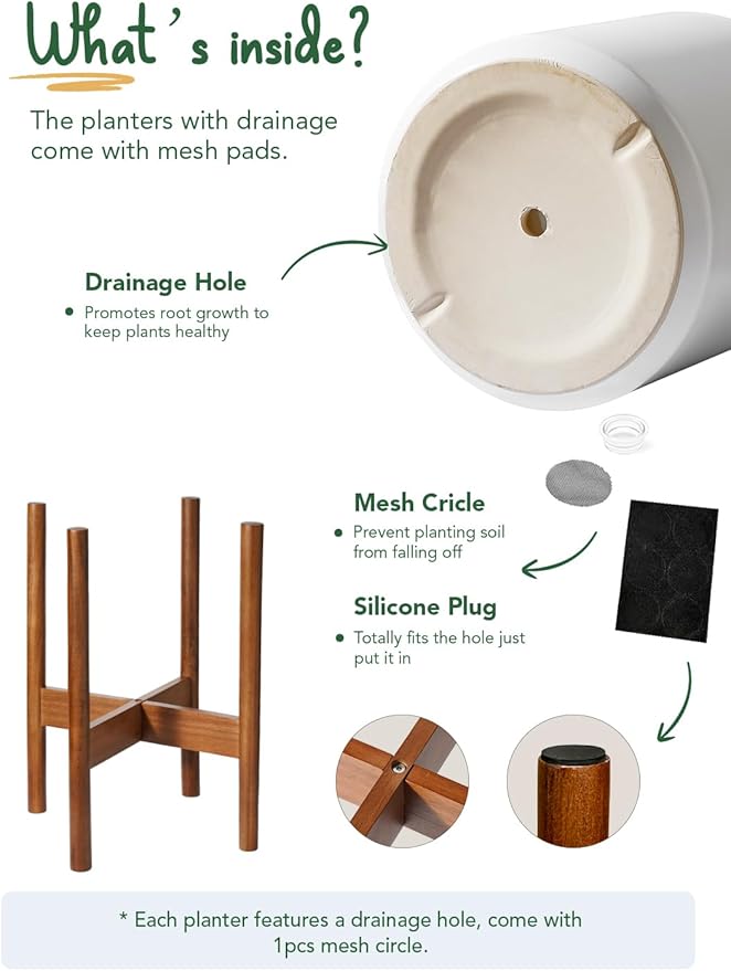 LE TAUCI 10 Inch Planter with Acacia Wood Stand, Ceramic Planter for Indoor Plants with Adjustable Plant Holder, Mid-Century Modern Home Decor, Round Flower Pots with Drainage Hole, White