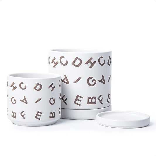 D'vine Dev Set of 2 Ceramic Planter Pots with Drainage Hole and Saucer, 4.5 Inch 6 Inch Plant Pots for Plants Indoor Houseplants, White, 99-G-1