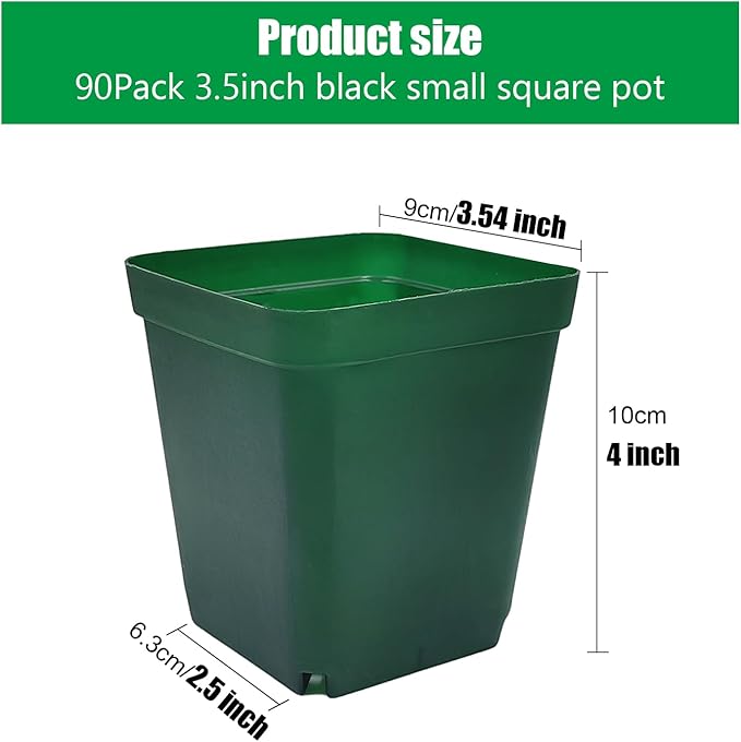 Square Nursery Seedling Pot 3.5 Inches 90 Pcs, Small Nursery Pot Plastic Thick and Sturdy Seed Start Germination Pot for Plant Propagation and Seeding(Green,3.54 Inches, 90Pcs)