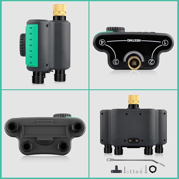 RESTMO 4-Outlet Sprinkler Timer with Brass Inlet, 4 Zone Programmable Water Timer for Garden Hose, Automatic Digital Control | Manual ON/Off | Rain Delay, for Outdoor Faucet, Drip Irrigation and Lawn