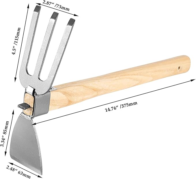 JAPCHET 2 PCS Hoe and Cultivator Hand Tiller, Heavy Duty Dual Headed Weeding Tool, Hoe Garden Tool with Carbon Steel Blade for Soil Loosening, Weeding and Digging