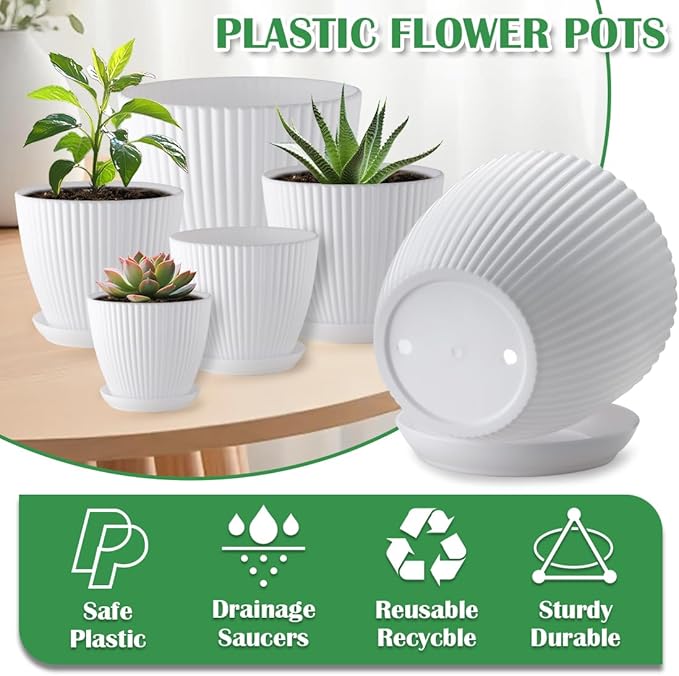7.5/6.5/5.5/4.9/4.2/3.5 Inch Plant Pot, Plastic Flower Pots with Drainage Indoor/Outdoor Plant Pots, Set of 6 Pack White Plastic Pot for Plant Planters with Saucers