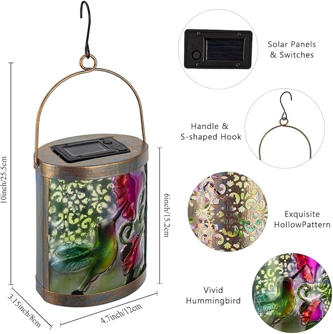 2 Pack Hummingbird Hanging Solar Lanterns Outdoor Waterproof, Tabletop Lamp Glass Solar Lantern for Patio Garden