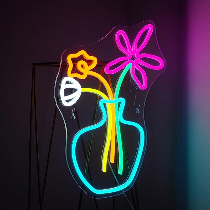 Flower Vase Neon Sign,Dimmable Neon Lights,Neon Flowers Sign for Wall Decor,Anime Flower Shape USB Connectivity Light Up Neon for Kids Room Girls Room Bar Birthday Party