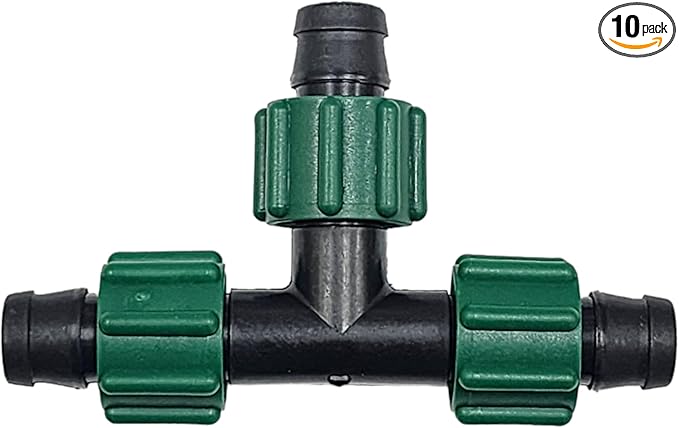 10-Pack - USA MADE - PREMIUM Drip Tape Irrigation Tubing 3 Way Tee (5/8" or .625" - .645") Universal Perma-Loc Connector Barbed Locking Fitting - Fits All Brands 16mm Drip Tape AG Tubing