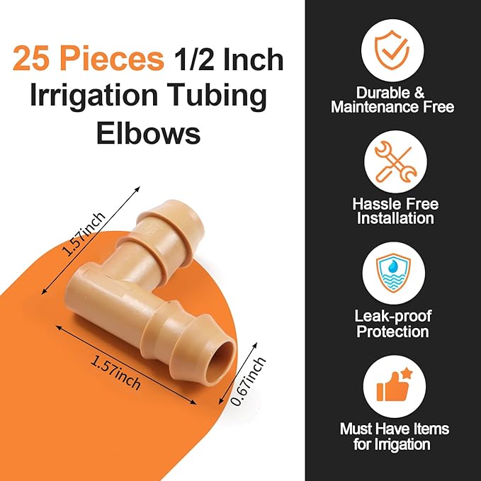 Drip Irrigation Elbow Fittings, 25 Pieces 1/2'' Drip Line Barbed Elbow Connectors for 1/2 Inch Irrigation Tubing 90 Degree Elbow for Garden Drip Sprinkler Systems