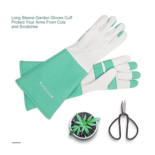 HLDD HANDLANDY Gardening Gloves for Women & Men, Leather Long Sleeve Rose Pruning Gloves, Thorn Proof Garden Work Gauntlet Animal Handling Gloves (Large, Green)