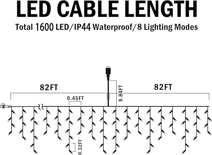 Hezbjiti Christmas Lights Decorations Outdoor, 1600LED 164FT Curtain Fairy Lights 8 Modes 320 Drops Fairy String Curtain Lights for Christmas Decor Eaves Window Party Yard Garden
