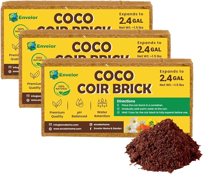 Coco Coir for Plants 3-Pack Envelor 2.4 Gallons Compressed Coconut Coir Bricks 10 lb. Organic Coconut Coir Bulk Low EC pH Balanced Natural Coco Peat for Indoor and Outdoor Gardening Potting Soil