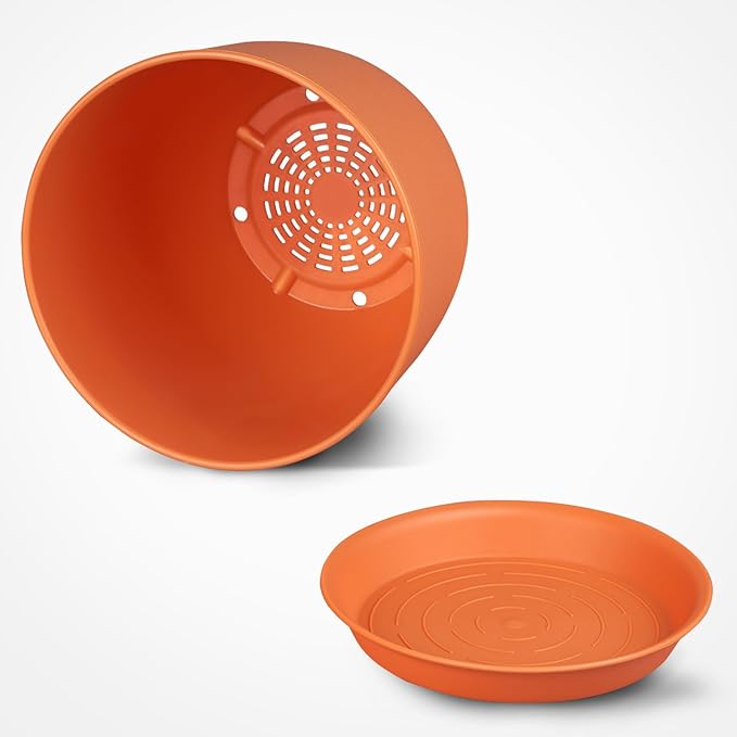 8 inch Plant Pots Set of 4 Pack, Plastic Planters with Drainage Holes and 4 Saucers, Morden Decorative Creation Flower Pots for Indoor & Outdoor Garden House Plants, Orange