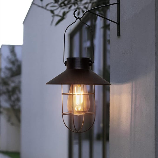 pearlstar Solar Lanterns Outdoor Metal Solar Powered Hanging Lights Waterproof for Wall Yard Garden Patio Garage Balcony Porch Fence Decor, Warm White Edison Bulb,with Wall Mount Kit（Black-1pack）