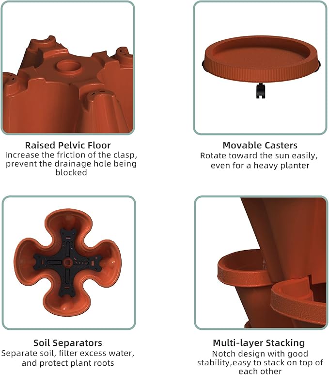 Strawberry Vertical Planters 2 Pack, 5 Tiered Stacking Tower Garden with Support Pole, Stackable Herb Vegetable Planters Indoor Outdoor Terra Cotta