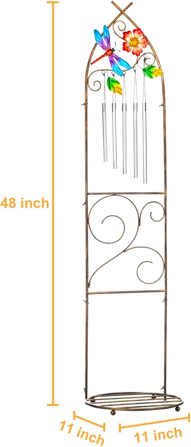 Garden Trellis with Plant Stands, 48” Metal Detachable Dragonfly Plant Pot Trellis with Wind Chimes for Climbing Plants Outdoor Lawn Patio Porches Decor