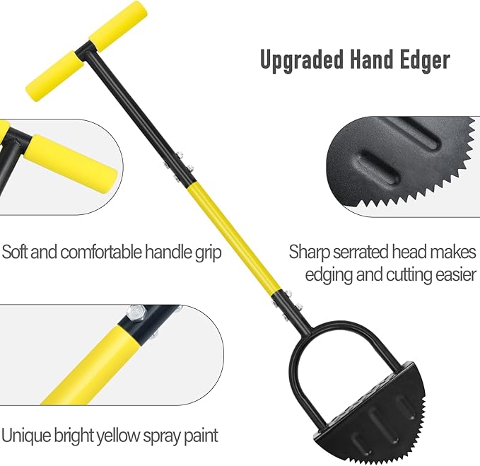 Manual Edger, Half Moon Edger, Saw-Tooth Garden Edger Hand with Steel Long Handle, Lawn Edger for Garden Sidewalk Flower Beds